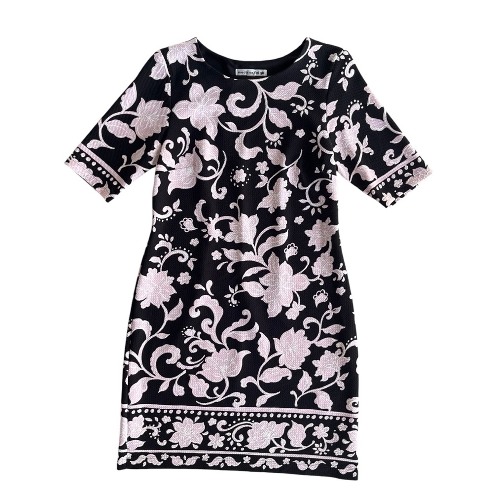 Madison Leigh Women’s 6 Black Light Pink Floral Print, Short Sleeve Sheath Dress